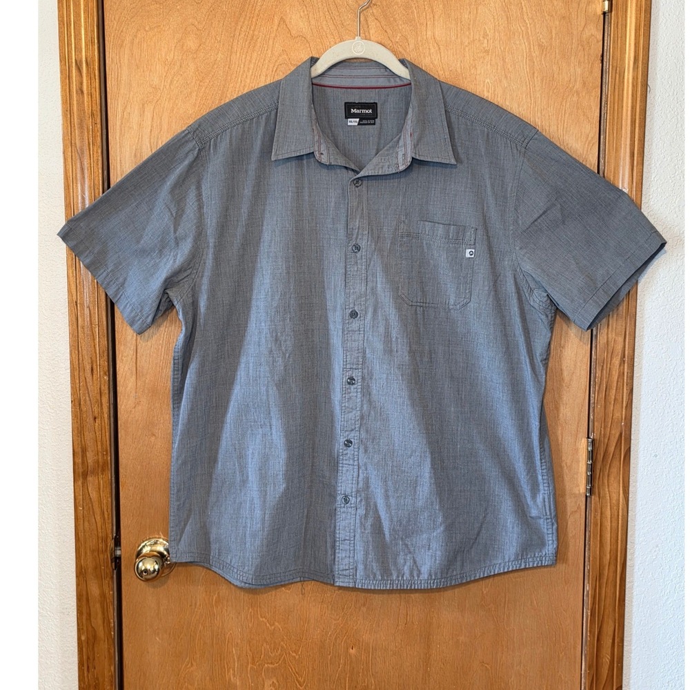 Marmot Short Sleeve Woven Button Front Casual Travel Hiking Shirt Mens 2XL Grey